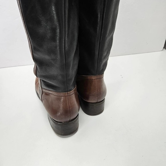 Franco Sarto Leather Riding Boots 9.5 Black Brown Embossed Logo - Picture 5 of 12